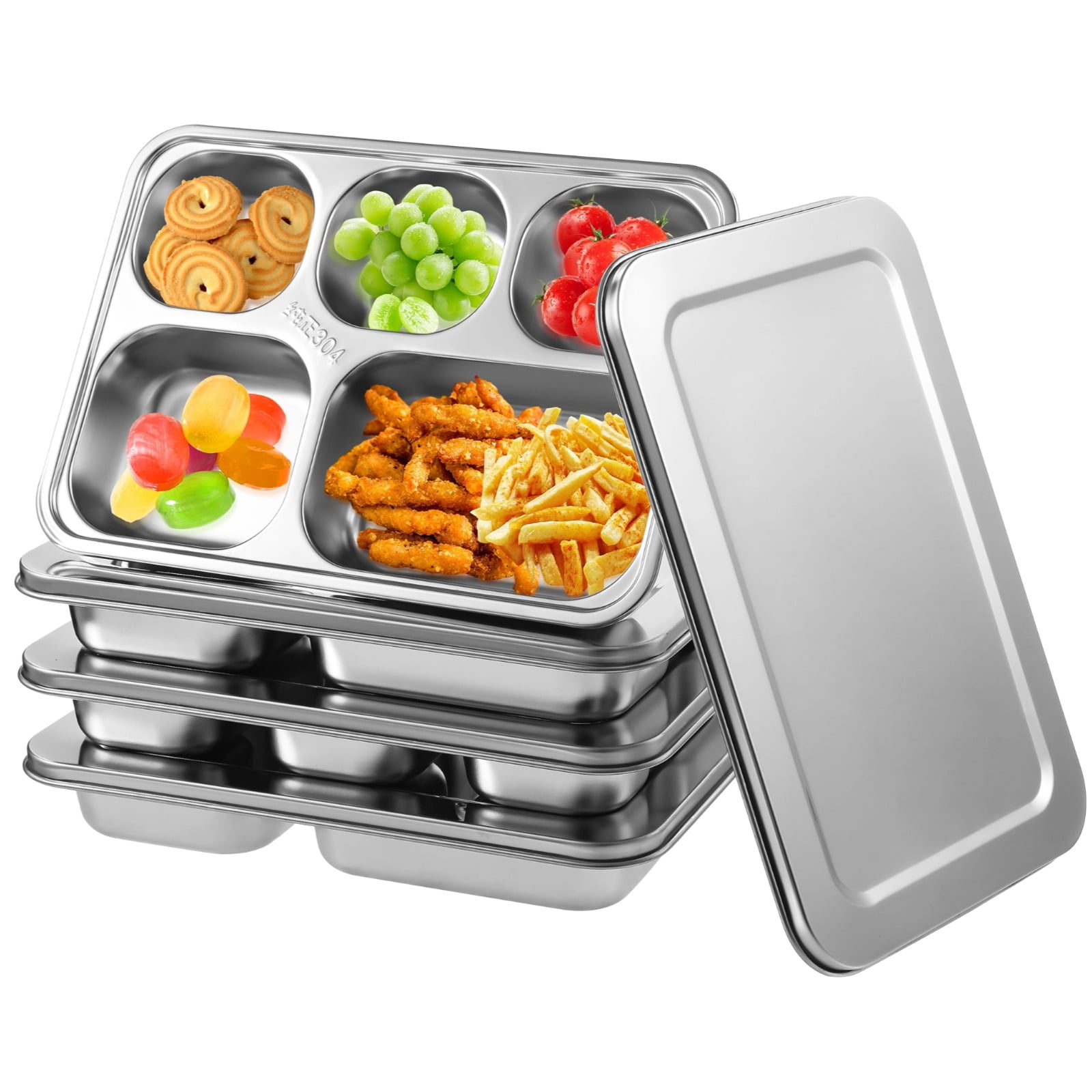 4 Pcs Stainless Steel Snack Containers, 5-Compartment Bento Boxes with Lids, Metal Lunch Trays for Adults & Little Ones, Reusable Meal Prep Lunch Containers for Work, Camp, Travel