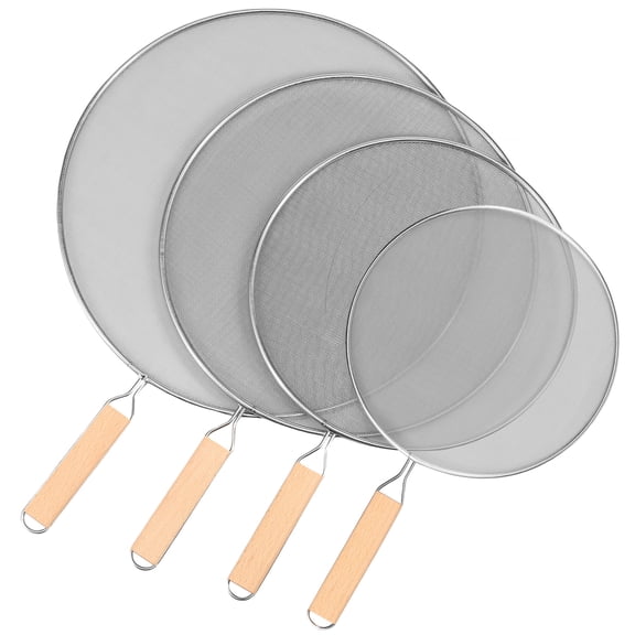 4 Pcs Stainless Steel Splatter Screen Set 8 10 11 13 In Fine Mesh Oil Shield with Wood Handle