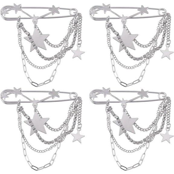 4 Pcs Star Brooch Pins Star Hanging Chain Brooch Star Tassel Brooch Alloy Rhinestone Brooches Safety Chain Star Brooches