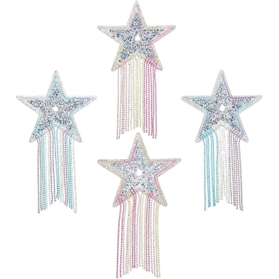 4 Pcs Star Rhinestone Patches with Chains Tassel 4 Styles Five-Pointed Star Iron on Patch Rhinestone Stars Tassel Repair Applique for Clothes Hats Jeans Bag Dress Pants DIY Accessories Colorful