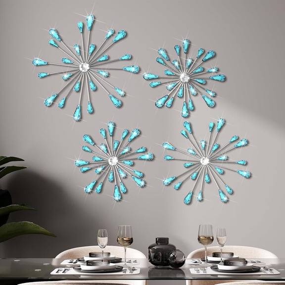 4 Pcs Starburst Wall Decor Bling Wall Art Crystal Teardrop 3D Hanging Rhinestone Radial Metal Artwork Modern Accent Sculptures Decorations for Living Room Home Office Bedroom(Blue)