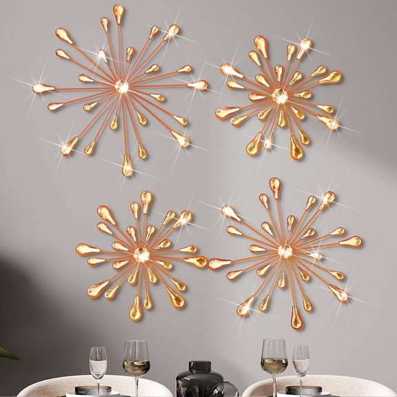 4 Pcs Starburst Wall Decor Bling Wall Art Crystal Teardrop 3D Hanging Rhinestone Radial Metal Artwork Modern Accent Sculptures Decorations for Living Room Home Office Bedroom(Orange)
