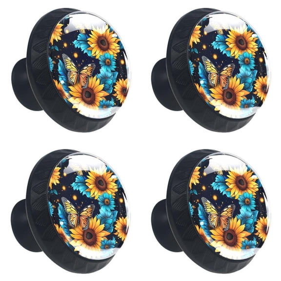 4 Pcs Starry Sky Sunflower Butterfly Print Cabinet Knobs 30mm Round Crystal Glass Drawer Handles Pulls with Screws for Kitchen Cupboard Wardrobe Closet Dresser, Home&Office