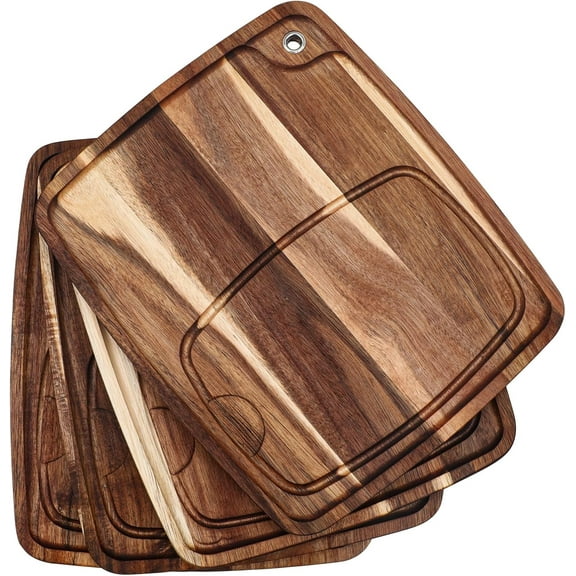 4 Pcs Steak Plates with Juice Channel Wooden Steak Board Set Acacia Cutting Serving Board for Home Serving Eating Meat Dishes Snack Dessert, 13 x 11 x 0.6 Inch