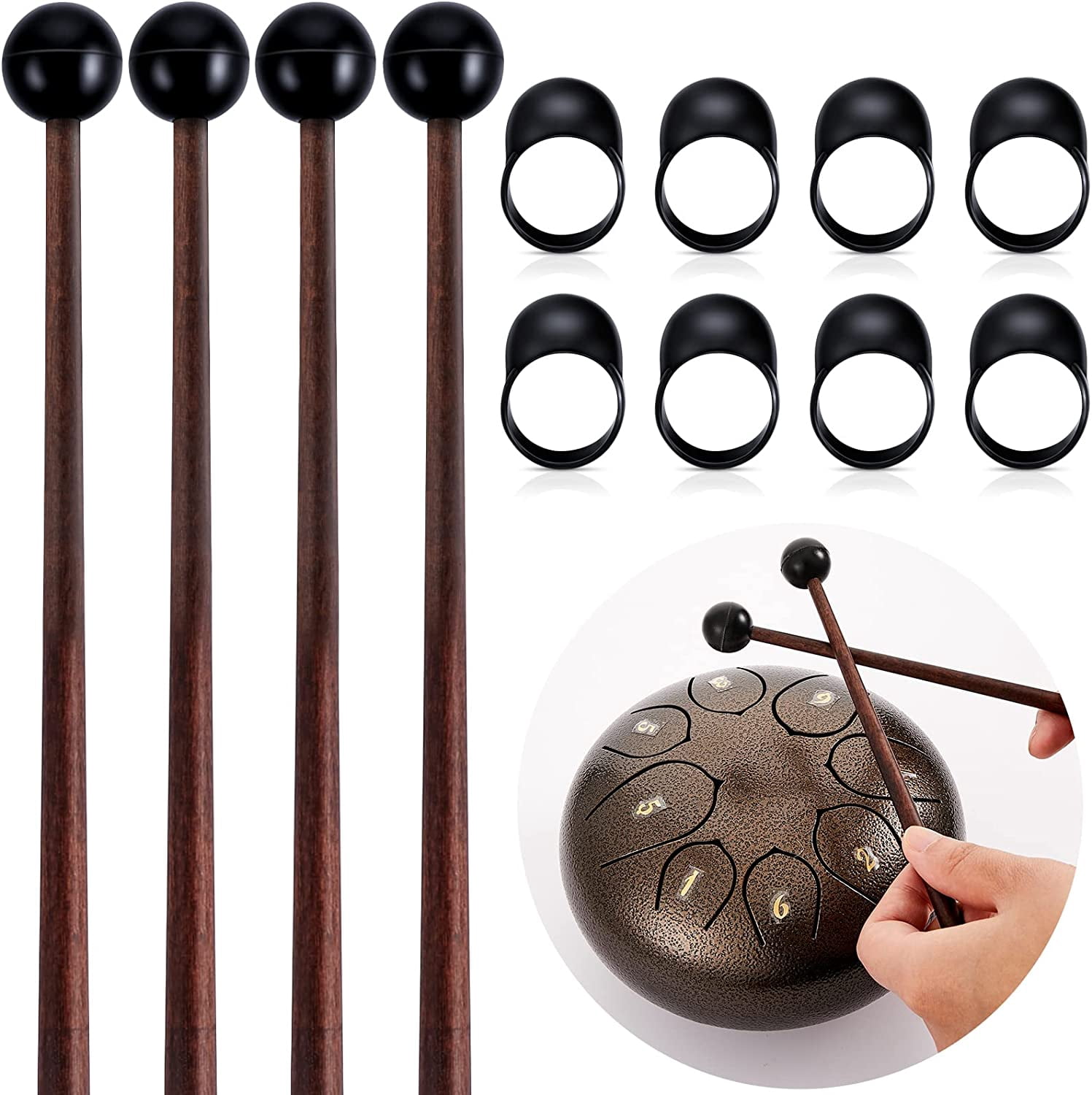 4 Pcs Steel Tongue Drum Mallets 8 Inch Glockenspiel Sticks Stick Mallet and Finger Sleeves, Silicone Rubber Knocking Picks for Gong Woodblock(Black)