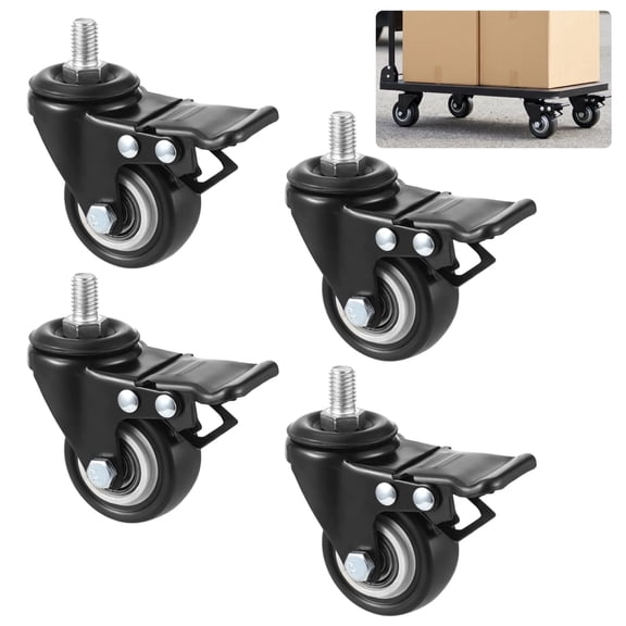 4Pack Stem Caster Wheels 2" / 50 mm Threaded PU Swivel Casters with Brake, M8 x 15 mm Threaded Stem, 360 Replacement Wheels for Cart, Shelf, Furniture & Workbench, 440 lbs Load Capacity