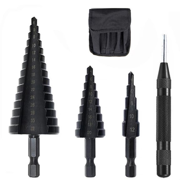 4 Pcs Step Drill Bit Center Punch HSS Nitrogen 4-12/20/32mm 6.35mm Hex Shank For Metal Iron Aluminum Brass Drilling Tools