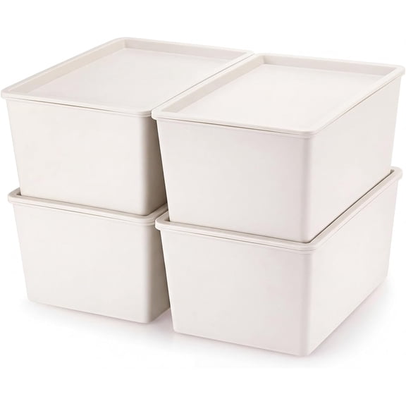 4 Pcs Storage Bins with Lids Plastic Stackable Containers for Classroom Room Organizing Shelves Christmas Ornament Box Baskets(Beige,Small)