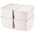 thumbnail image 1 of 4 Pcs Storage Bins with Lids Plastic Stackable Containers for Organizing Shelves Christmas Ornament Box Baskets(Beige,Large), 1 of 12