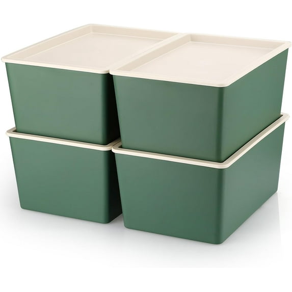 4 Pcs Storage Bins with Lids Plastic Stackable Containers for Organizing Shelves Christmas Ornament Box Baskets(Green,Small)
