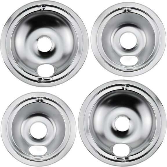 4 Pcs Stove Burner Drip Pans Chrome Replacement for Whirlpool Amana Maytag Magic-Chef Kenmore GE Electric Range  2 x 6" 2 x 8"