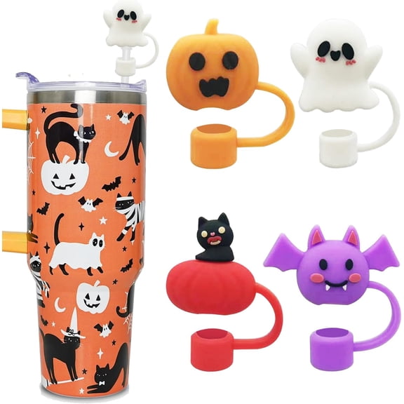 4 Pcs Straw Cover Cap For Stanley Halloween Straw Toppers Stanley Cup Accessories 10mm Straw Covers for Stanley 40 oz & 30 oz Straw Covers Cap for Tumblers Silicone Straw Topper for Halloween Gifts