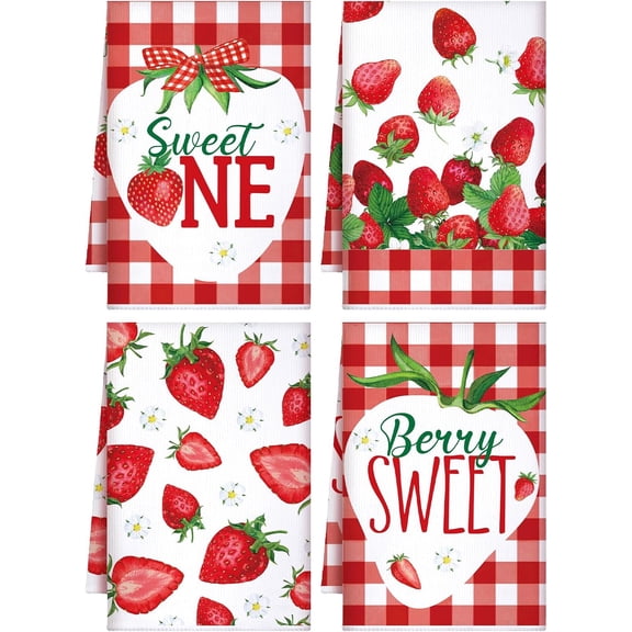 4 Pcs Strawberry Kitchen Towels Summer Berry Hand Dish Towels Absorbent White Red Grid Tea Towel Fast Drying Housewarming Gift for Kitchen Bathroom Holiday Summer Strawberry Party Decor