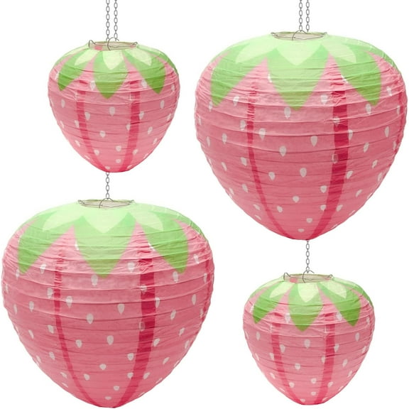 4 Pcs Strawberry Paper Lantern ,  Large Strawberry Lantern Decorations Hanging Paper Lantern for Strawberry Party Decor 3D Strawberry Paper Lanterns 8 inch, 12 inch