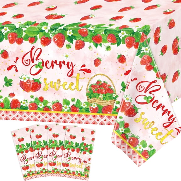 4 Pcs Strawberry Tablecloth Berry Sweet One Table Covers Strawberries Theme Party Table Cloth Strawberry Birthday Decorations Strawberries Baby Shower Supplies Berry First Birthday Decor 86 x 51 Inch