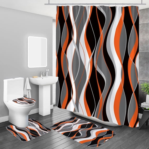 4 Pcs Striped Shower Curtain Sets with Rugs for Bathroom Decor, Grey Bathroom Sets with Shower Curtain and Rugs, Modern Fabric bathroom decor sets accessories, Orange and Black