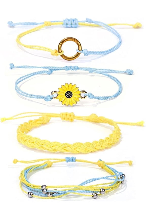 4 Pcs Summer Surfer Wave Anklet Bracelets Sunflower Adjustable String Rope Bracelet Waterproof Handmade Sunflower Bracelets Jewelry for Women Girls