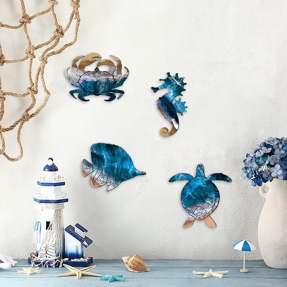 4 Pcs Summer Wooden Sign, Coastal Ocean Animal Hanging Decor, Cute Sea Turtle Crab Seahorse Wall Plaque for Beach House Bathroom Pool Patio