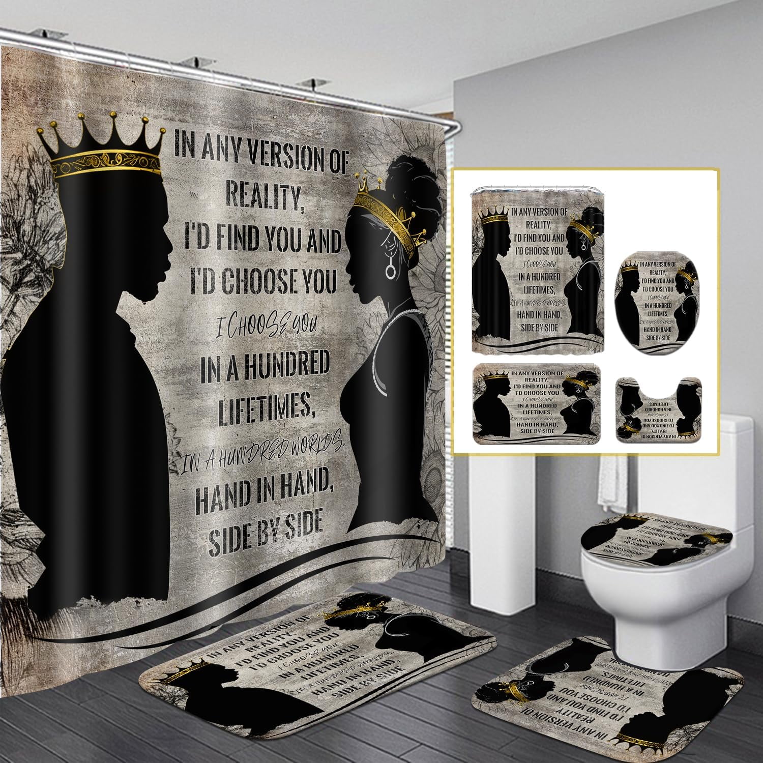 4 Pcs Sunflower Black Queen Bathroom Shower Curtain Sets, African American Queen Shower Curtains ...