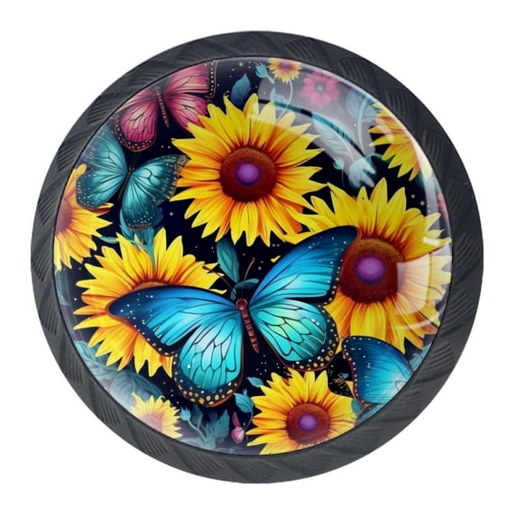 4 Pcs Sunflower Butterfly Knobs for Kitchen Cabinet Cupboard Dresser Bookcase Drawer Pulls Handles Round Home Decor