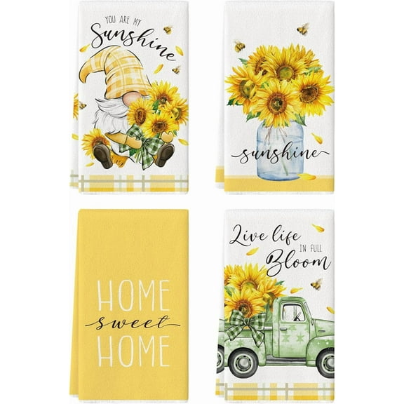 4 Pcs Sunflower Kitchen Towels, 18 x 26 Inch Watercolor Floral Decorative Tea Towels, Sunshine Farmhouse Home Absorbent Kitchen Dishcloth Fast Drying for Cooking (Sunflower)