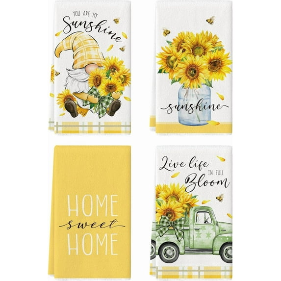 4 Pcs Sunflower Kitchen Towels, 18 x 26 Inch Watercolor Floral Decorative Tea Towels, Sunshine Farmhouse Home Absorbent Kitchen Dishcloth Fast Drying for Cooking (Sunflower)