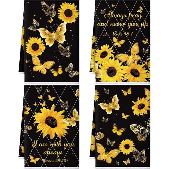 4 Pcs Sunflower Kitchen Towels Butterfly Flower Hand Dish Towels Black Yellow Floral Fast Drying Absorbent Decor Housewarming Gift for Holiday Cooking Kitchen Bathroom
