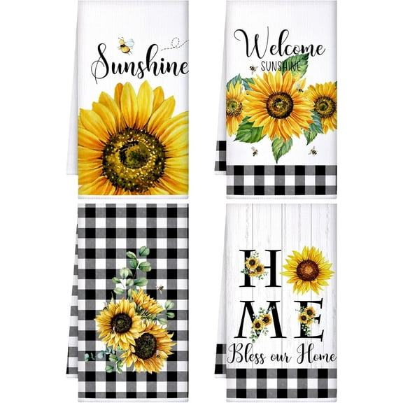 4 Pcs Sunflower Kitchen Towels Spring Summer Gifts Sunflower Floral Hand Dish Towels Absorbent Sunshine Yellow Grid Fast Drying Decor Housewarming Gift for Cooking Bathroom Kitchen Decor