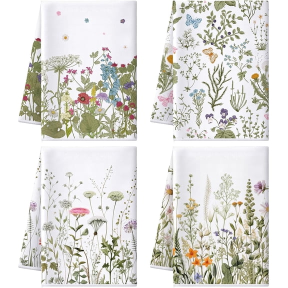 4 Pcs Sunflower Kitchen Towels Summer Sea Beach Flower Floral Cow Kitchen Dish Towels Fast Drying Decor for Cooking(Mixed Colors,Wild Flower)