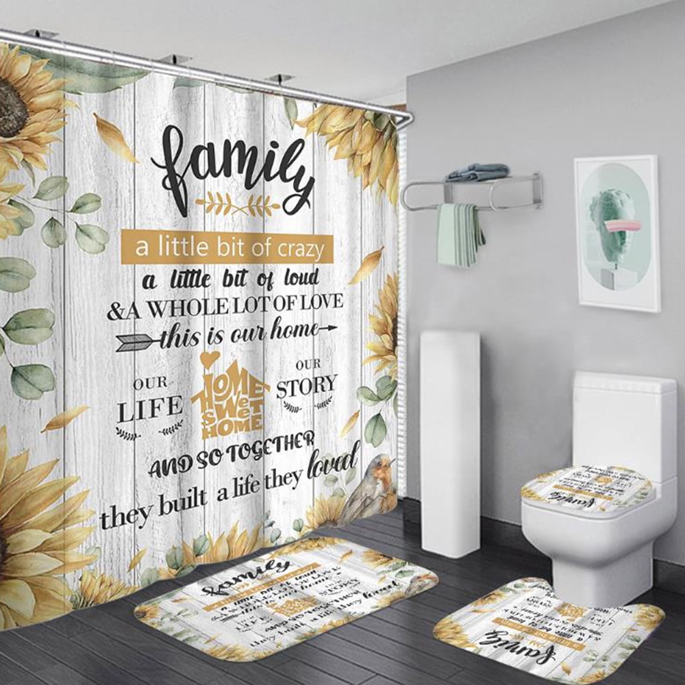 Brown Wooden Door Shower Curtain Set With Rugs & Lid Cover - Sunflower Wheel Design, Waterproof, 12 Hooks