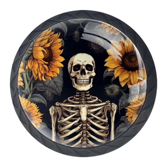 4 Pcs Sunflower Skull Knobs for Kitchen Cabinet Cupboard Dresser Bookcase Drawer Pulls Handles Round Home Decor