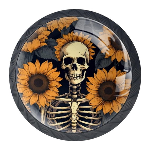 4 Pcs Sunflower Skull Knobs for Kitchen Cabinet Cupboard Dresser Bookcase Drawer Pulls Handles Round Home Decor