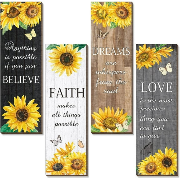 4 Pcs Sunflower Wall Decor Inspirational Sunflower Kitchen Decor and Accessories Wooden Rustic Farmhouse Yellow Flowers Wall Art Decoration for Home Bathroom Office Living Room(3.5x11.4 In)