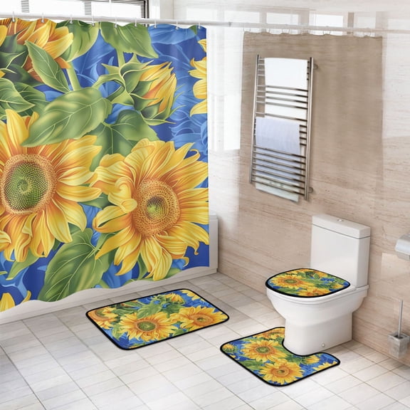 4 Pcs Sunflowers Field Bathroom Shower Curtain Set with 12 Hooks Bath Mat Toilet Lid Cover