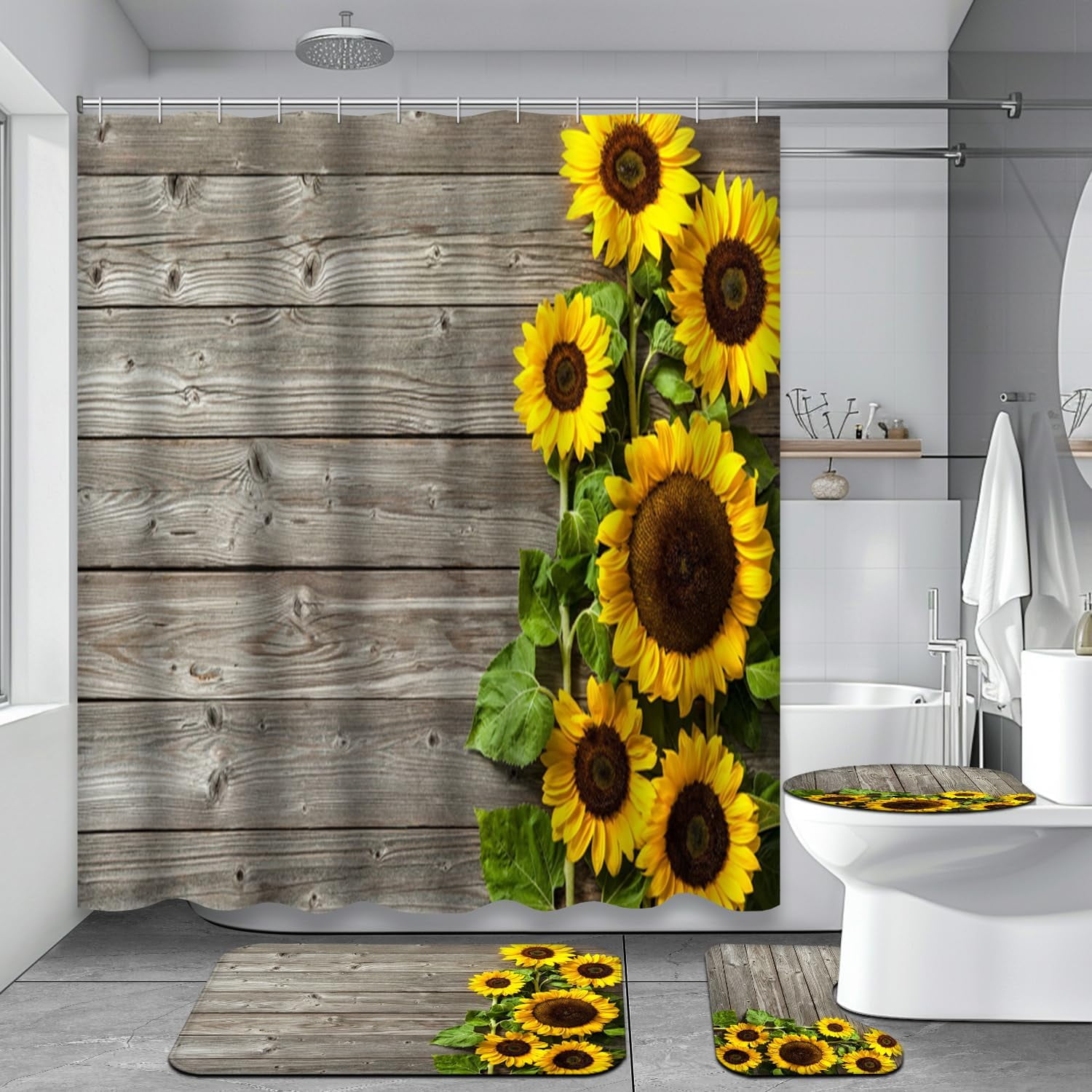 4 Pcs Sunflowers Shower Curtain Sets with Rugs for Bathroom Decor ...