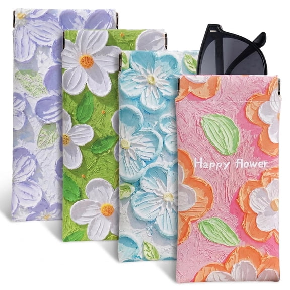4 Pcs Sunglasses Storage Squeeze Top Sunglass Case, Soft PU Leather Portable Floral Pattern 2D Planar Image Eyeglass Case Eyewear Pouch, Reading Glasses, Travel Accessories