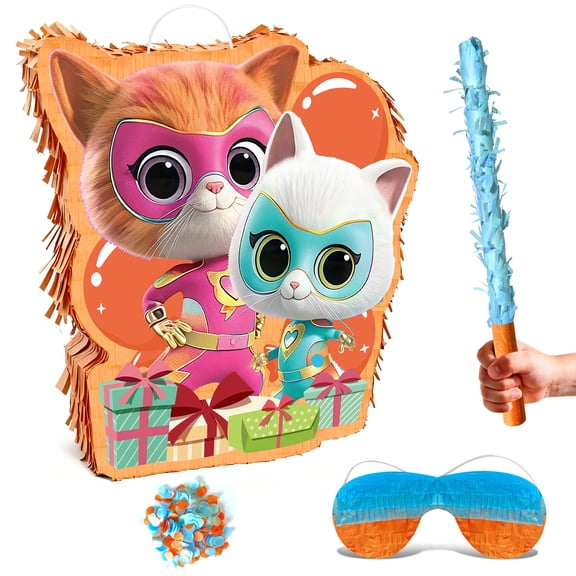 4 Pcs Super Kitten Squad Themed Party Pinata Bundle - Super Kitten Squad Piata Large,Party Decorations Blindfold & Birthday Party Stick etc Super Kitten Squad Birthday Party Supplies for Boys/Girls