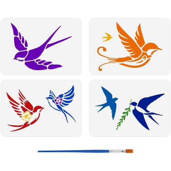 4 Pcs Swallows Stencil with a Paint Brush 4 Styles Swallows Pattern Stencil 11.7x8.3Inch Swallows Flower Stencil Swallows Willow Painting Template for Wall Tiles Floor Paper Furniture White