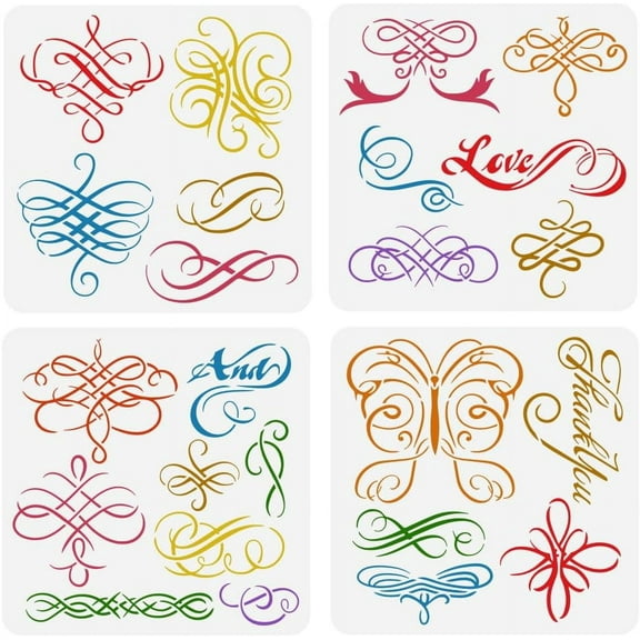 4 Pcs Swirls Calligraphy Painting Stencil 11.8x11.8 inch Reusable Swirls Border Corner Drawing Template Love Thank You Calligraphy Stencil for Painting on Wood Wall Fabric Furniture DIY