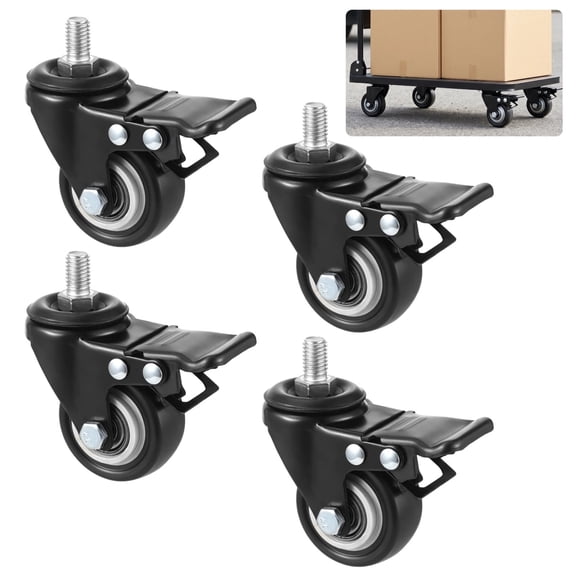 4 Pcs Swivel Casters, 2"/50 mm Threaded Stem PU Wheels with Brake, M8 x 15 mm Thread, 360 Replacement Rollers for Cart, Shelf, Furniture, Workbench