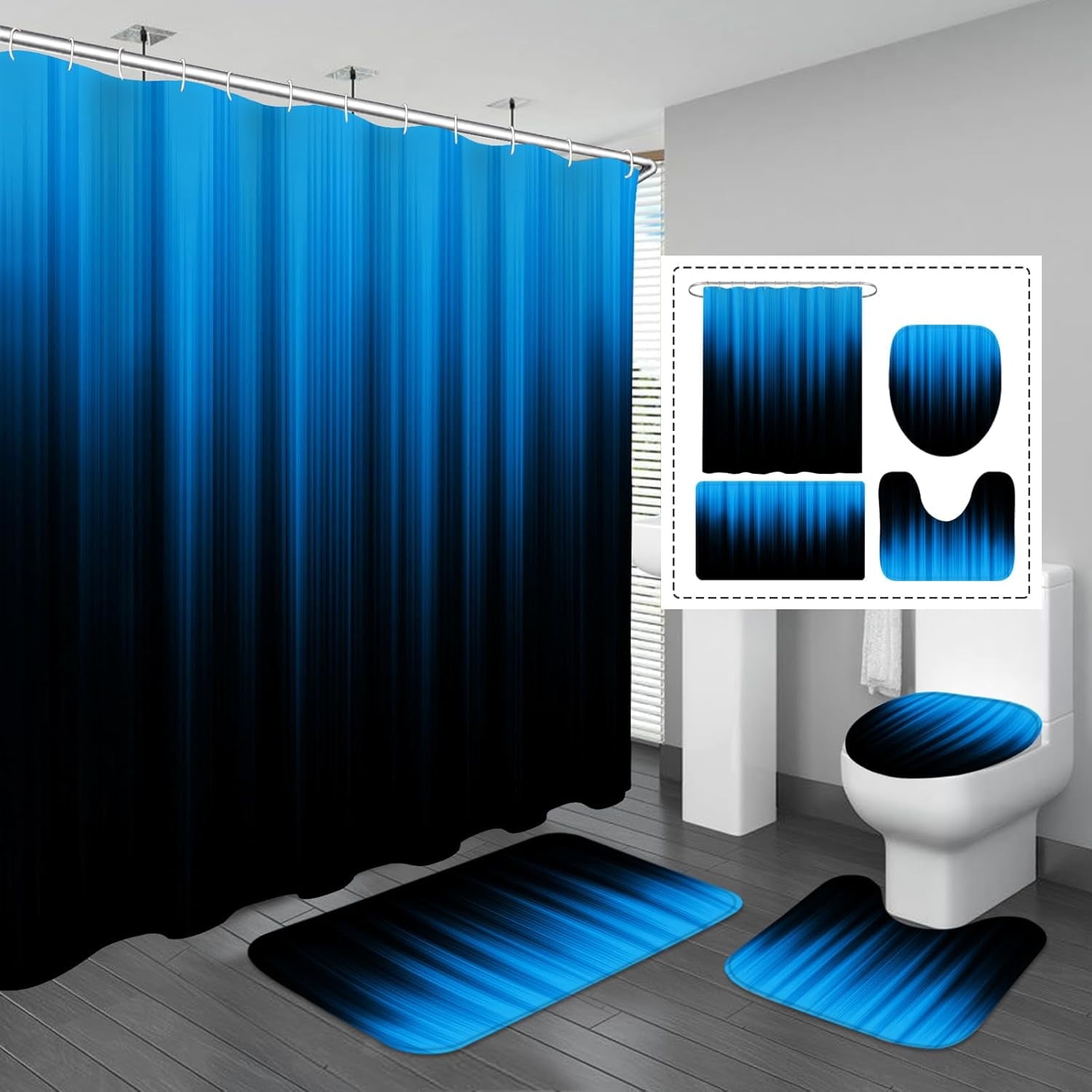 4 Pcs Teal and Black Shower Curtain Bathroom Set with Rugs, Toilet Lid Cover and Bath Mat, Gradient Teal Shower Curtain with 12 Hooks, Bathroom Decor Set