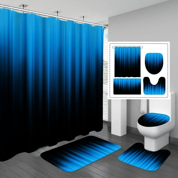 4 Pcs Teal and Black Shower Curtain Bathroom Set with Rugs, Toilet Lid Cover and Bath Mat, Gradient Teal Shower Curtain with 12 Hooks, Bathroom Decor Set