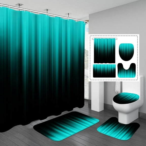 4 Pcs Teal and Black Shower Curtain Bathroom Set with Rugs, Toilet Lid Cover and Bath Mat, Gradient Teal Shower Curtain with 12 Hooks, Bathroom Decor Set