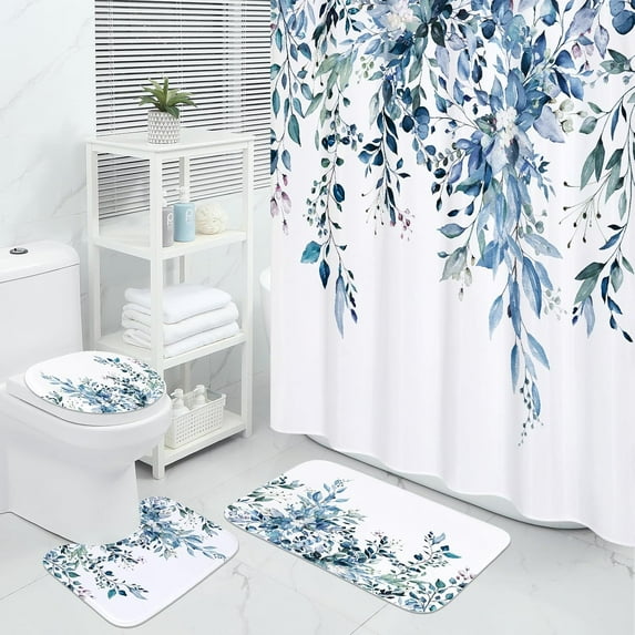 4 Pcs Teal Blue Eucalyptus Bathroom Sets with Shower Curtain and Rugs, Plant Leaves Shower Curtain Sets for Chic Bathroom Decor, Bathroom Decor Curtain Sets with Mats and Accessories