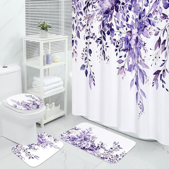 4 Pcs Teal Blue Eucalyptus Bathroom Sets with Shower Curtain and Rugs, Plant Leaves Shower Curtain Sets for Chic Bathroom Decor, Bathroom Decor Curtain Sets with Mats and Accessories