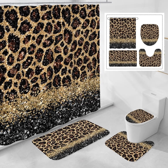 4 Pcs Teal Leopard Print Shower Curtain Set with Non-Slip Rugs, Toilet Lid Cover and Bath Mat, Wild Animal Skin Bathroom Decor Set with Shower Curtain and Rugs(Hooks Not Included)