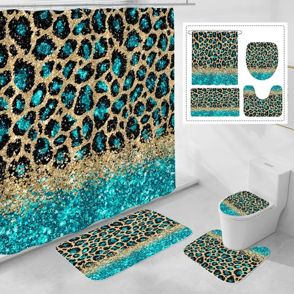 4 Pcs Teal Leopard Print Shower Curtain Set with Non-Slip Rugs, Toilet Lid Cover and Bath Mat, Wild Animal Skin Bathroom Decor Set with Shower Curtain and Rugs(Hooks Not Included)