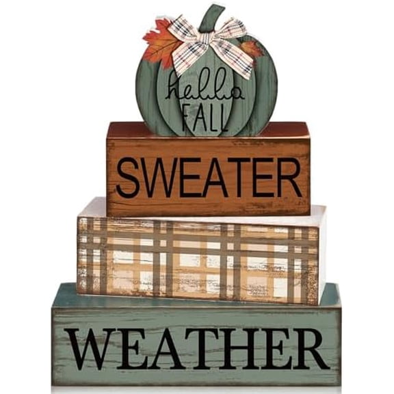 4 Pcs Thanksgiving Pumpkin Decor Fall Decorations for Home Thanksgiving Table Centerpiece Pumpkin Tiered Tray Decor Rustic Decorative Block Signs Farmhouse for Harvest Party Table Kitchen Home