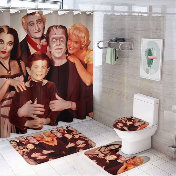 4 Pcs The Munsters Shower Curtain Set with Rugs, Bathroom Set with Shower Curtain And Rugs with 12 Hooks for Bathroom Decor