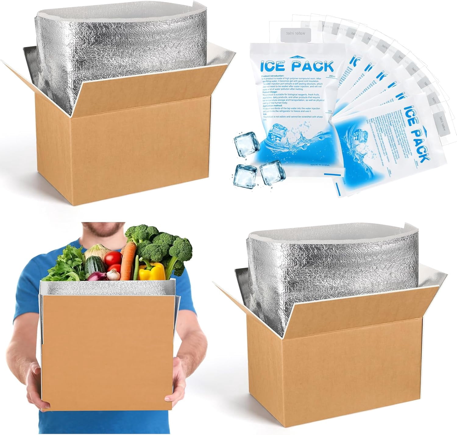 4 Pcs Thermal Insulated Shipping Boxes for Frozen Food with Ice Pack and Aluminum Foil Liner for Shipping Big Cold Pack Cooler Mailing Boxes for Moving Hot Frozen Food